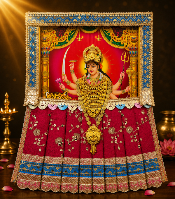 Devi Photo Frame Alankaram Set made of Premium sequence work on Chiffon, Dola Pure silk - Dark Pink Dress with Sky Blue border and Sky Blue upper drape