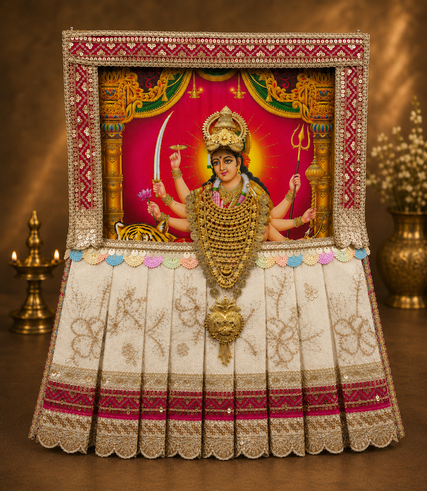 Devi Photo Frame Alankaram Set made of Premium sequence work on Chiffon, Dola Pure silk - Off White Dress with Pink border and Pink upper drape