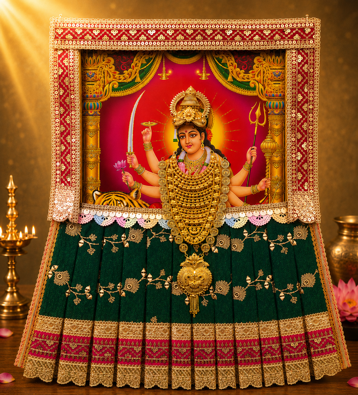 Devi Photo Frame Alankaram Set made of Premium sequence work on Chiffon, Dola Pure silk - Bottle Green Dress with Pink border and Pink upper drape 1
