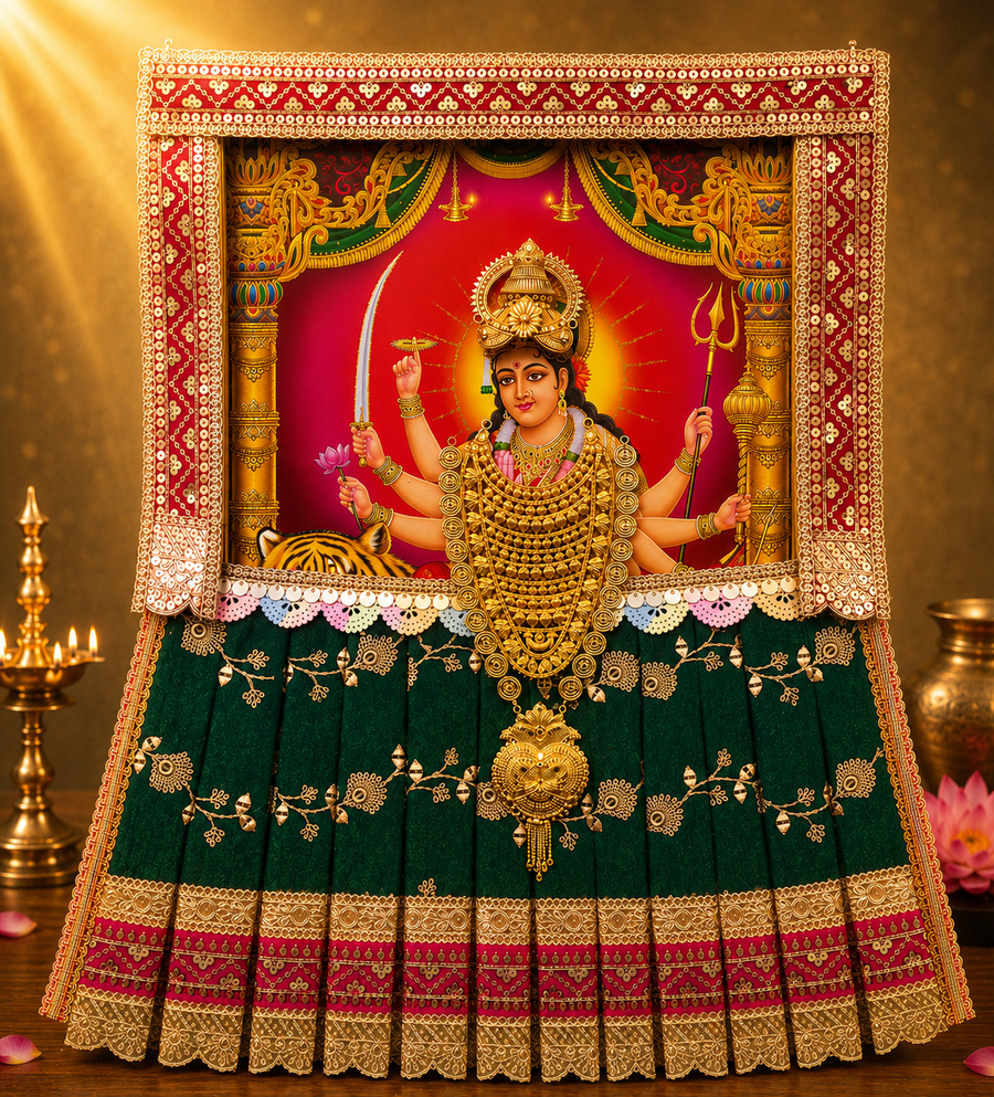 Devi Photo Frame Alankaram Set made of Premium sequence work on Chiffon, Dola Pure silk - Bottle Green Dress with Pink border and Pink upper drape