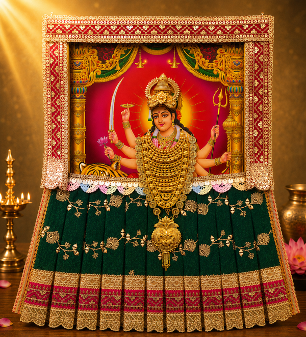 Devi Photo Frame Alankaram Set made of Premium sequence work on Chiffon, Dola Pure silk - Bottle Green Dress with Pink border and Pink upper drape