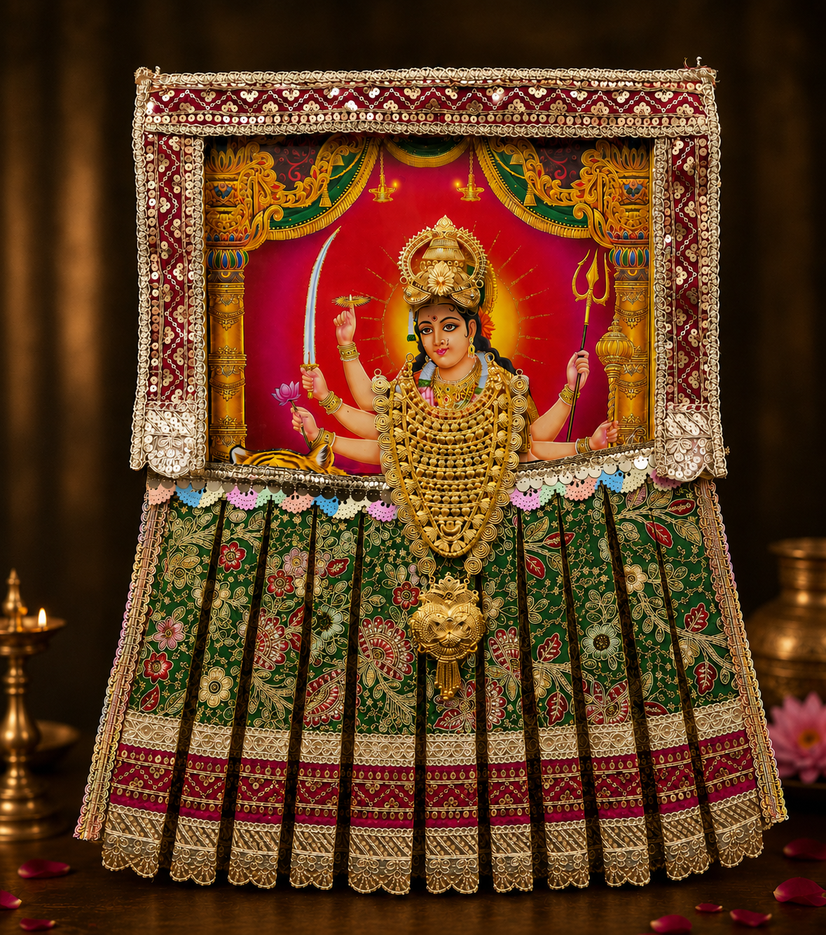 Devi Photo Frame Alankaram Set made of Premium sequence work on Chiffon, Dola Pure silk - Green Dress with Pink border and Pink upper drape 1