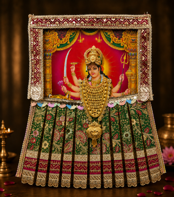 Devi Photo Frame Alankaram Set made of Premium sequence work on Chiffon, Dola Pure silk - Green Dress with Pink border and Pink upper drape