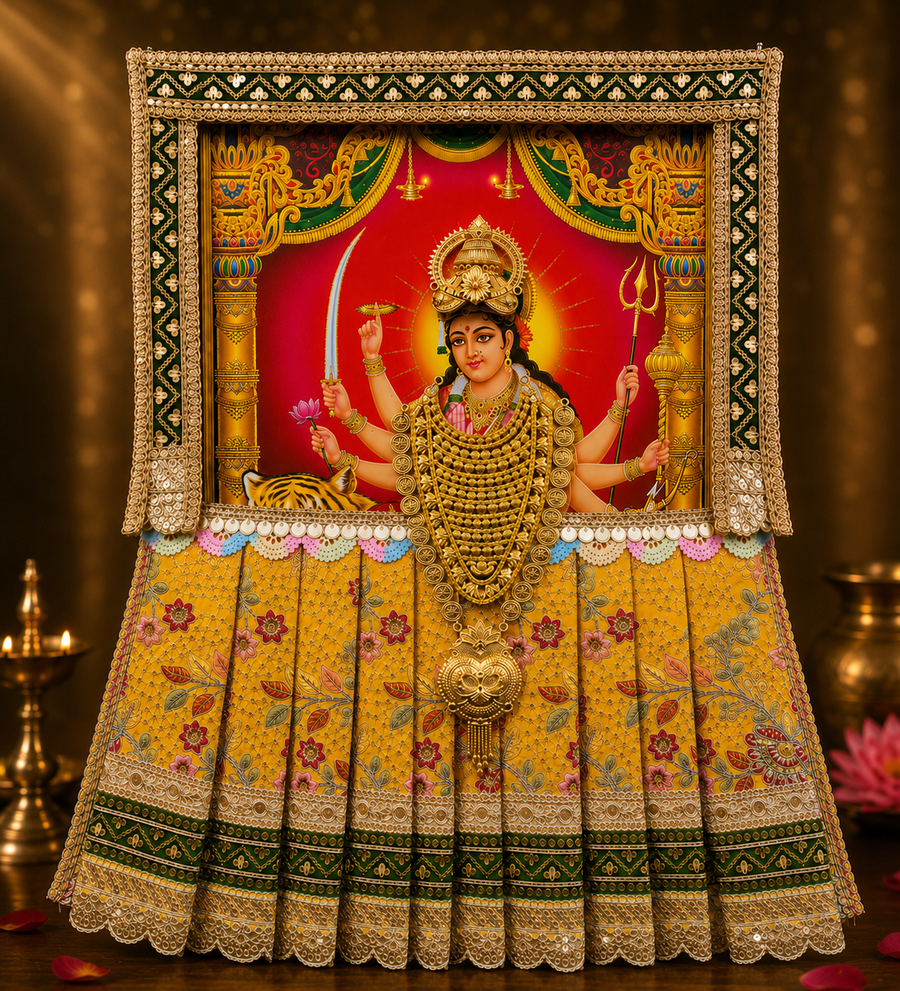 Devi Photo Frame Alankaram Set made of Premium sequence work on Chiffon, Dola Pure silk - Yellow Dress with Sap Green border and Sap Green upper drape