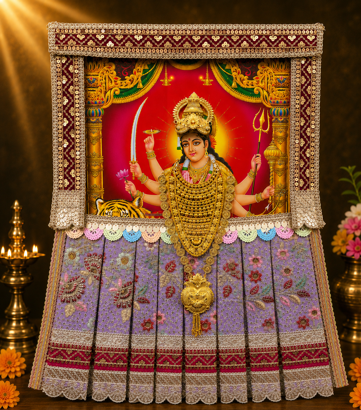 Devi Photo Frame Alankaram Set made of Premium sequence work on Chiffon, Dola Pure silk - Lavendar Dress with Pink border and Pink upper drape 1