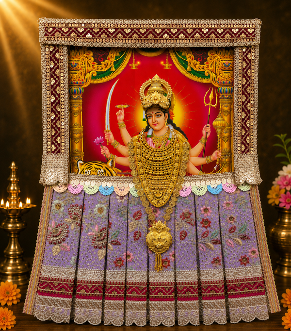 Devi Photo Frame Alankaram Set made of Premium sequence work on Chiffon, Dola Pure silk - Lavendar Dress with Pink border and Pink upper drape