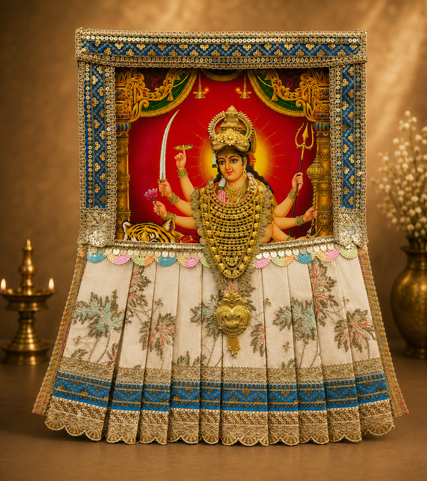 Devi Photo Frame Alankaram Set made of Premium sequence work on Chiffon, Dola Pure silk - Off White Dress with Sky Blue border and Sky Blue upper drape
