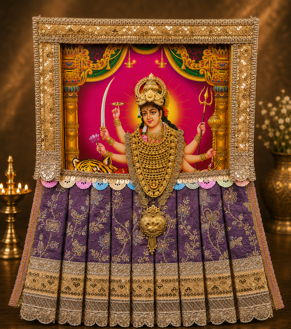 Devi Photo Frame Alankaram Set made of Premium sequence work on Chiffon, Dola Pure silk - Majenta Dress with Beige border and Beige upper drape 1