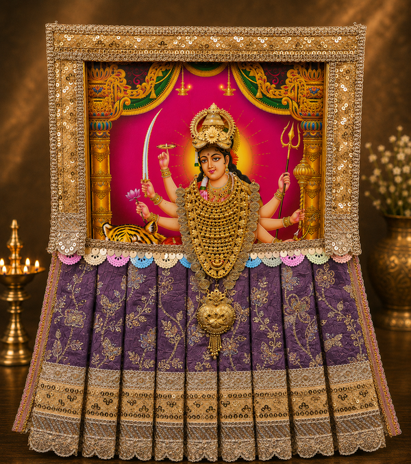 Devi Photo Frame Alankaram Set made of Premium sequence work on Chiffon, Dola Pure silk - Majenta Dress with Beige border and Beige upper drape