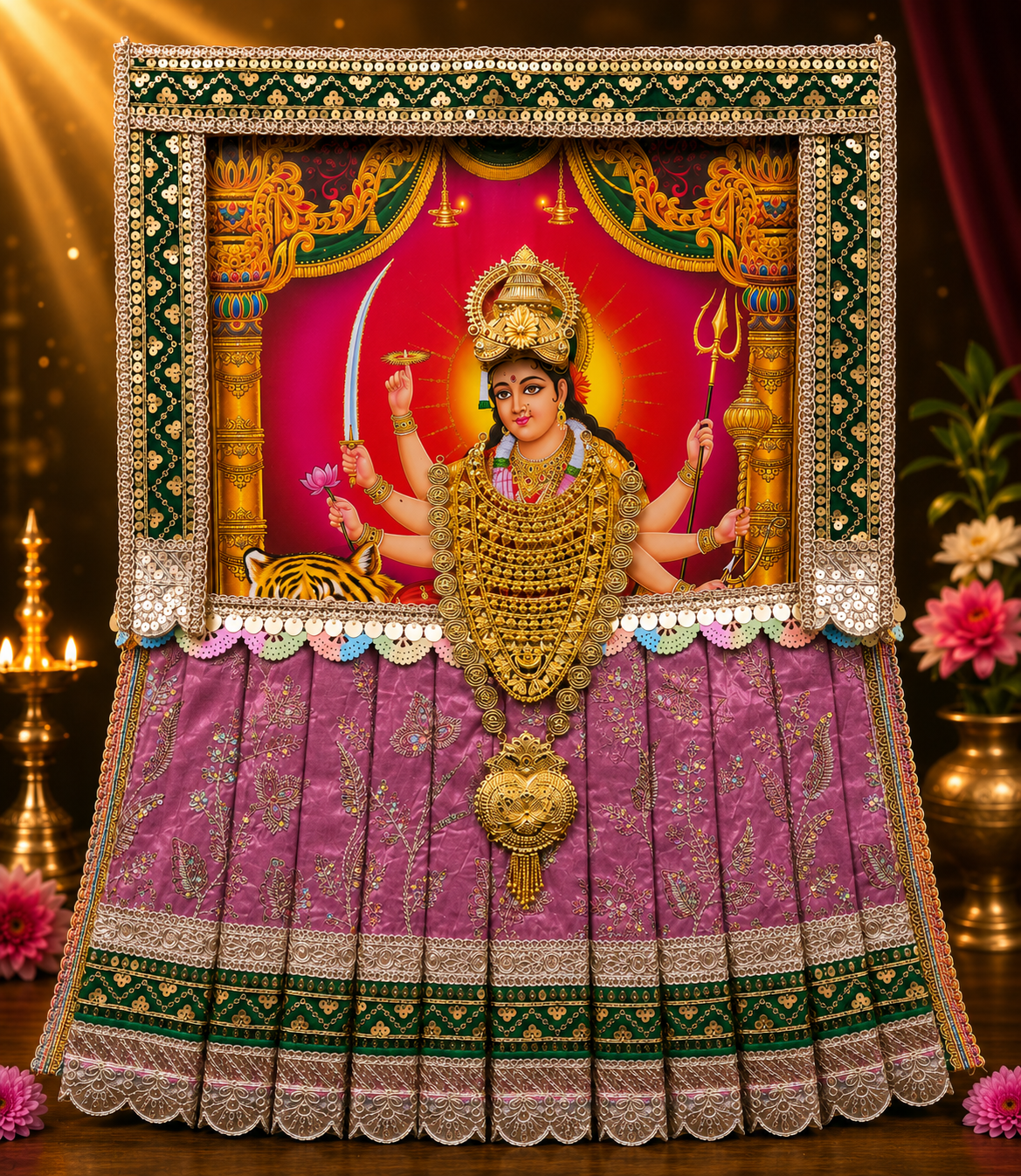 Devi Photo Frame Alankaram Set made of Premium sequence work on Chiffon, Dola Pure silk - Pink Dress with Green border and Green upper drape 1