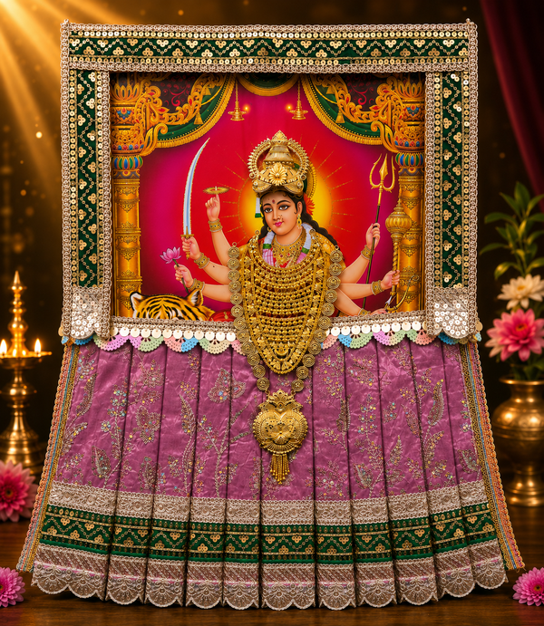 Devi Photo Frame Alankaram Set made of Premium sequence work on Chiffon, Dola Pure silk - Pink Dress with Green border and Green upper drape