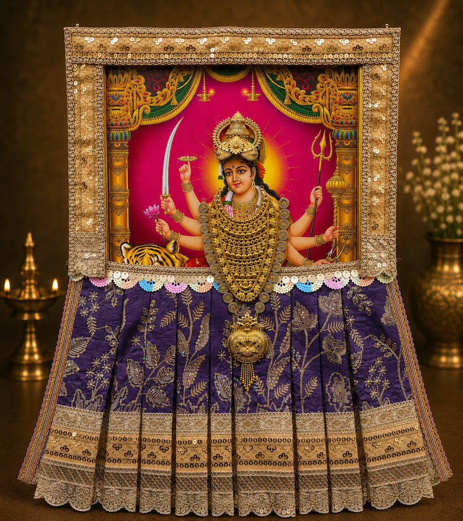 Devi Photo Frame Alankaram Set made of Premium sequence work on Chiffon, Dola Pure silk - Indigo Dress with Beige border and Beige upper drape