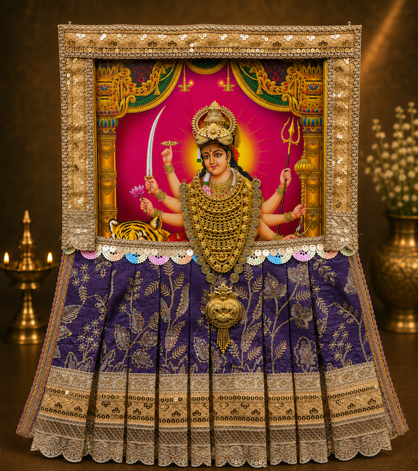 Devi Photo Frame Alankaram Set made of Premium sequence work on Chiffon, Dola Pure silk - Indigo Dress with Beige border and Beige upper drape