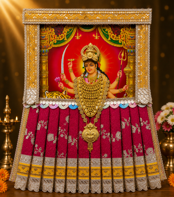 Devi Photo Frame Alankaram Set made of Premium sequence work on Chiffon, Dola Pure silk - Red Dress with Yellow border and Yellow upper drape
