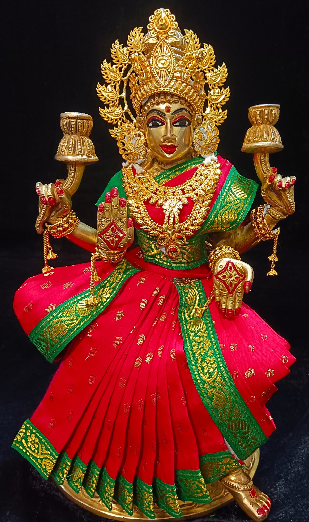 Pre-Stitched Devi Saree Dress made of Small Butta Soft Silk (Pure silk) - Red Saree with Green border and Green blouse