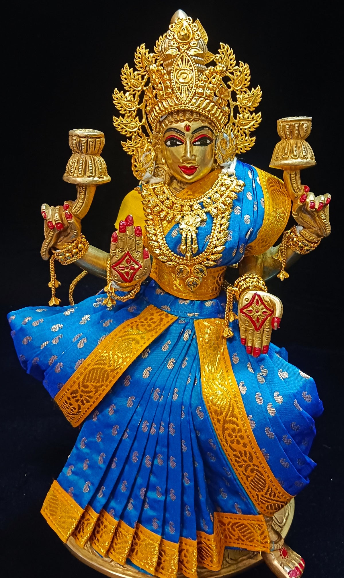Pre-Stitched Devi Saree Dress made of Small Butta Soft Silk (Pure silk) - Sky Blue Saree with Yellow border and Yellow blouse