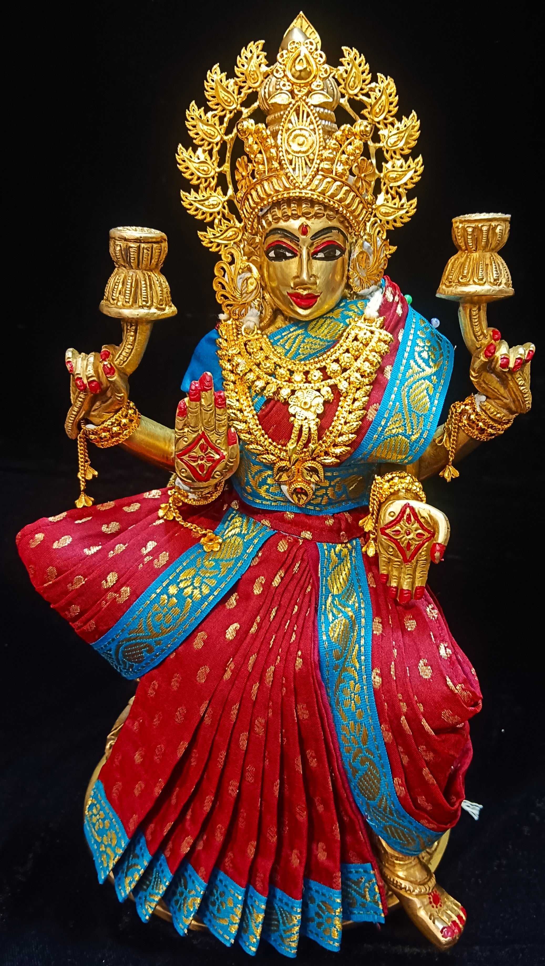 Pre-Stitched Devi Saree Dress made of Small Butta Soft Silk (Pure silk) - Maroon Saree with Sky Blue border and Sky Blue blouse 1