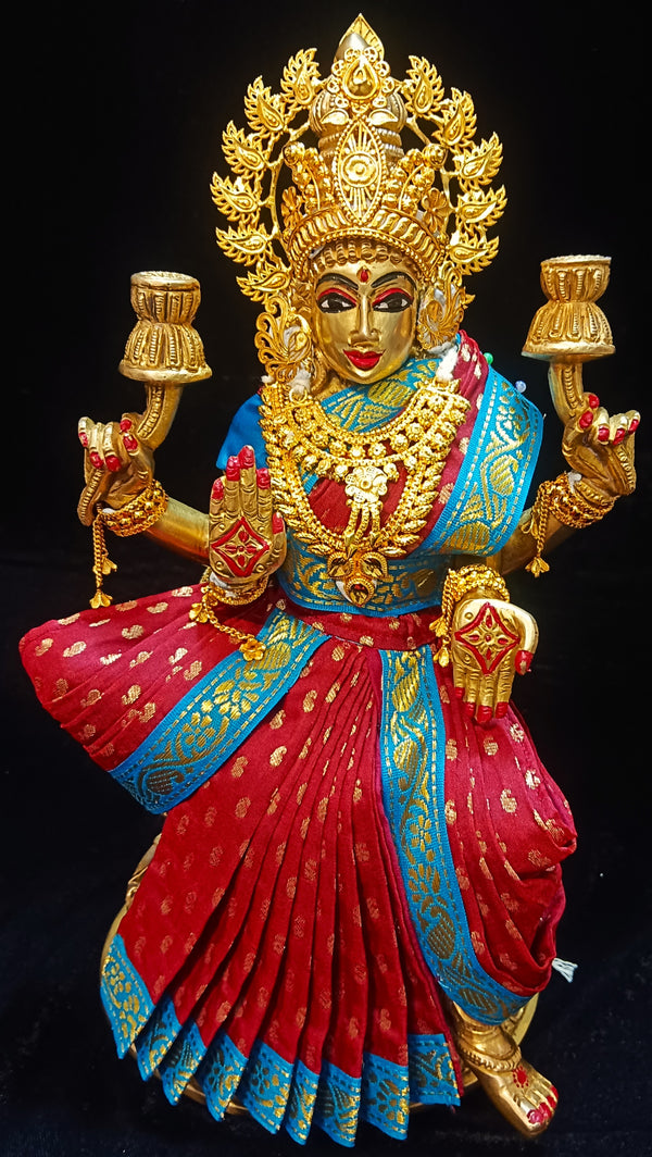 Pre-Stitched Devi Saree Dress made of Small Butta Soft Silk (Pure silk) - Maroon Saree with Sky Blue border and Sky Blue blouse