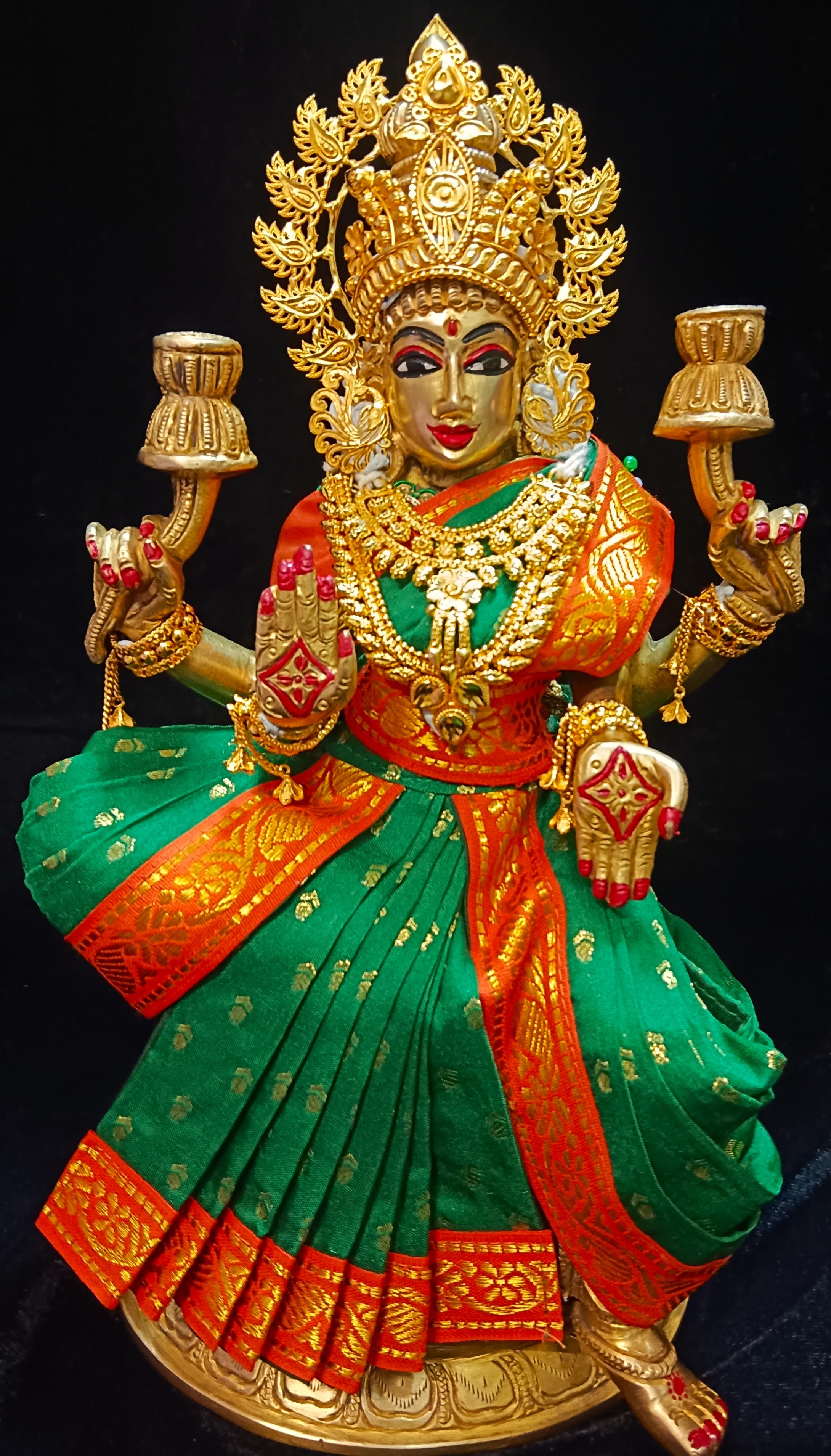Pre-Stitched Devi Saree Dress made of Small Butta Soft Silk (Pure silk) - Green Saree with Orange border and Orange blouse 1