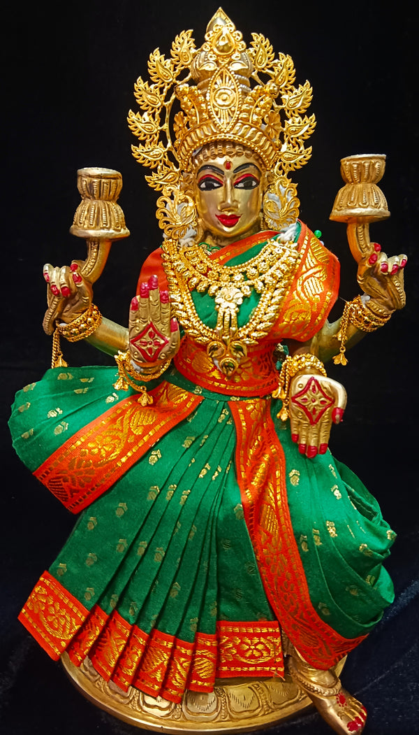 Pre-Stitched Devi Saree Dress made of Small Butta Soft Silk (Pure silk) - Green Saree with Orange border and Orange blouse