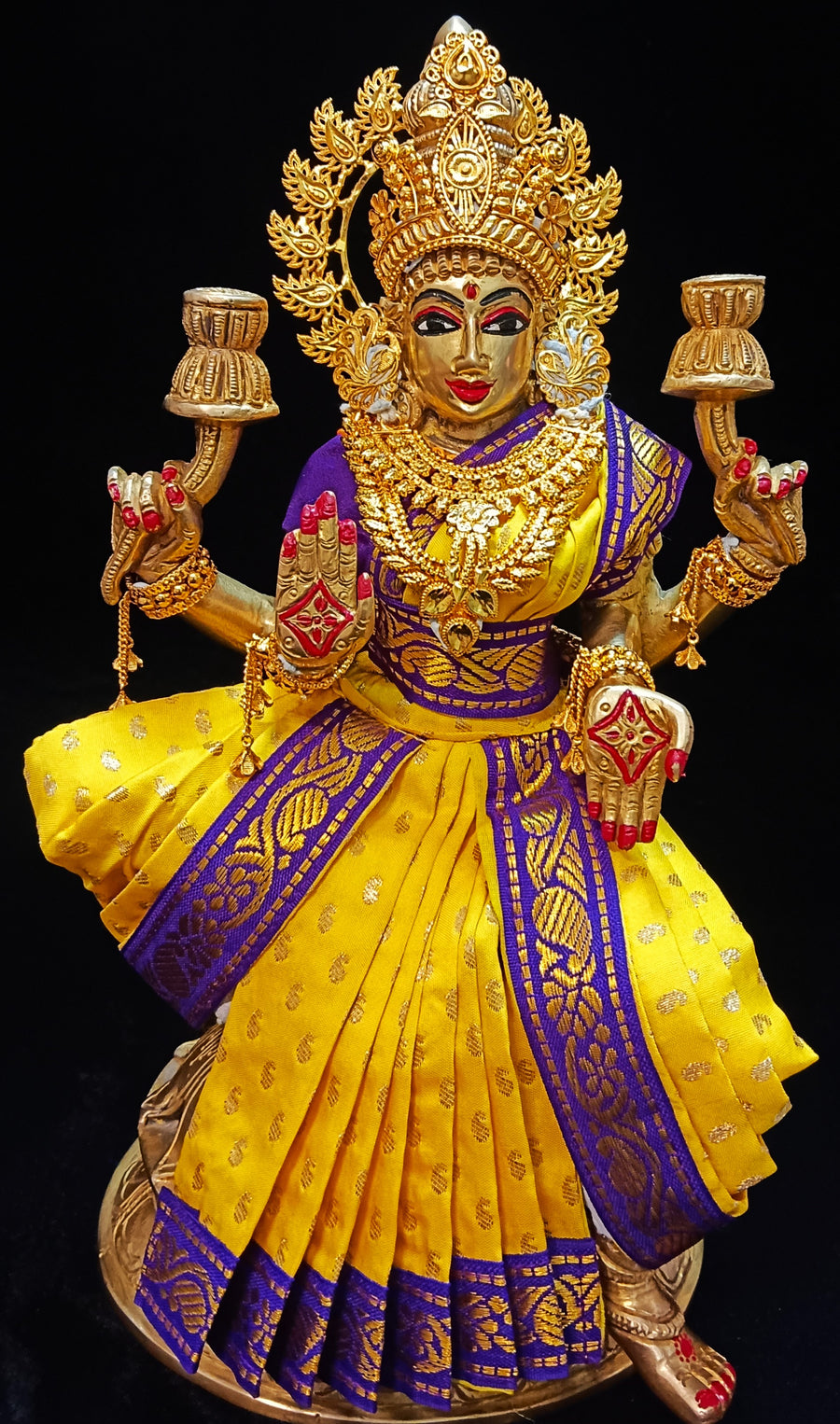 Pre-Stitched Devi Saree Dress made of Small Butta Soft Silk (Pure silk) - Yellow Saree with Purple border and Purple blouse