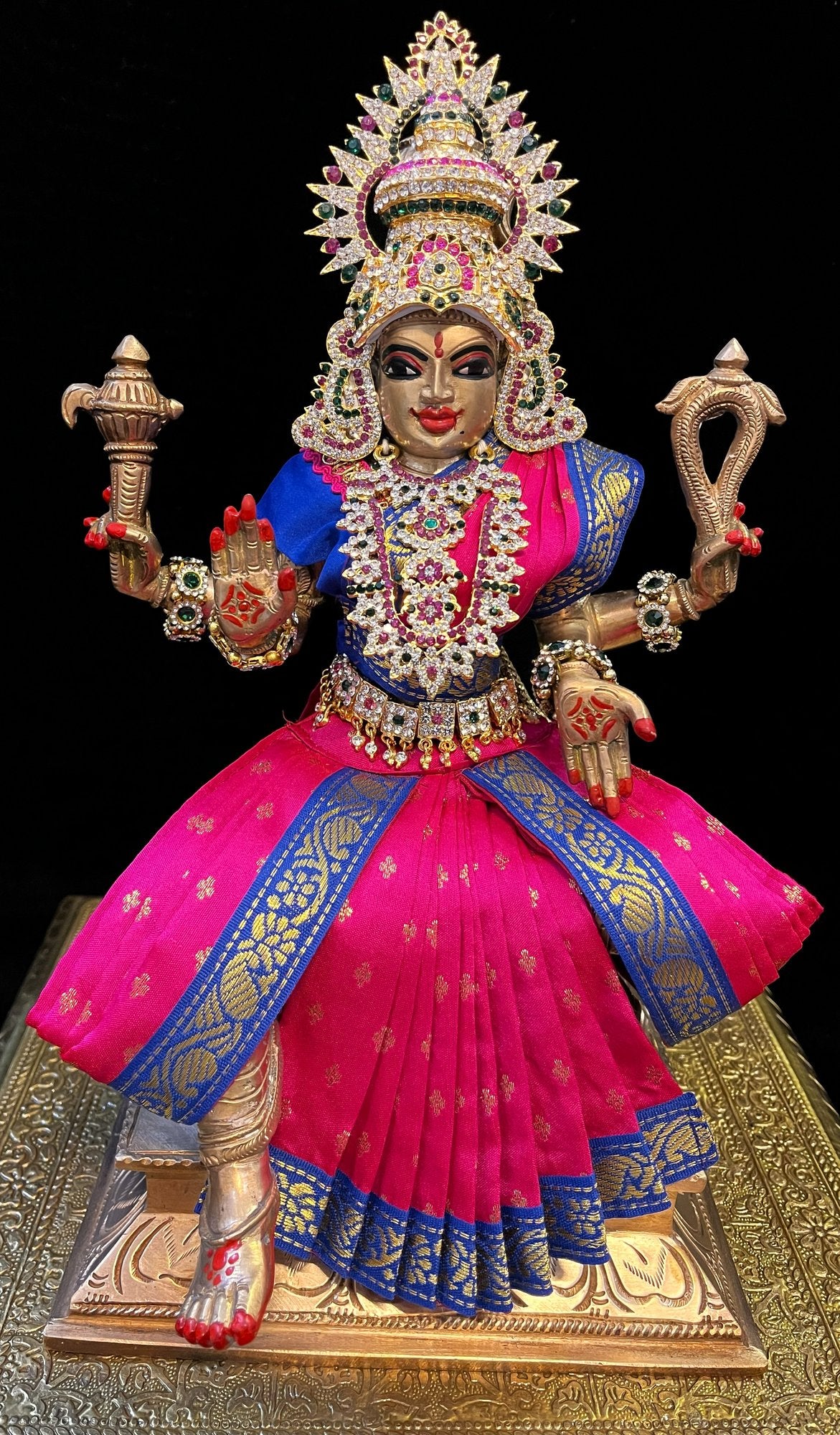Pre-Stitched Devi Saree Dress made of Small Butta Soft Silk (Pure silk) - Rani Pink Saree with Royal Blue  border and Green blouse
