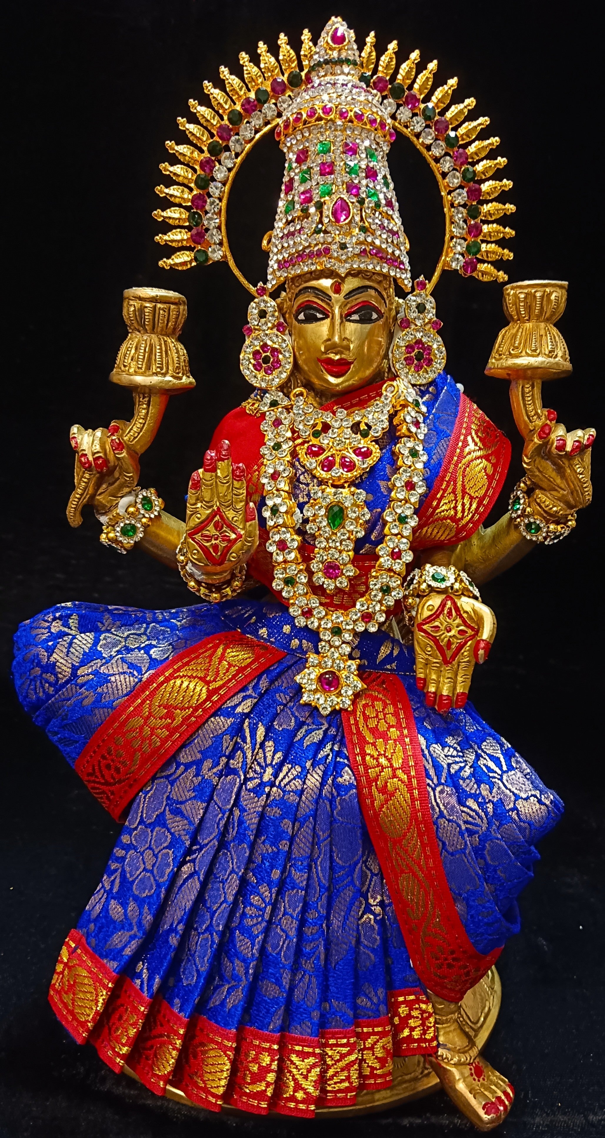Pre-Stitched Pure Silk Banarasi Devi Saree Dress - Royal Blue saree with Red border & Red Blouse 1