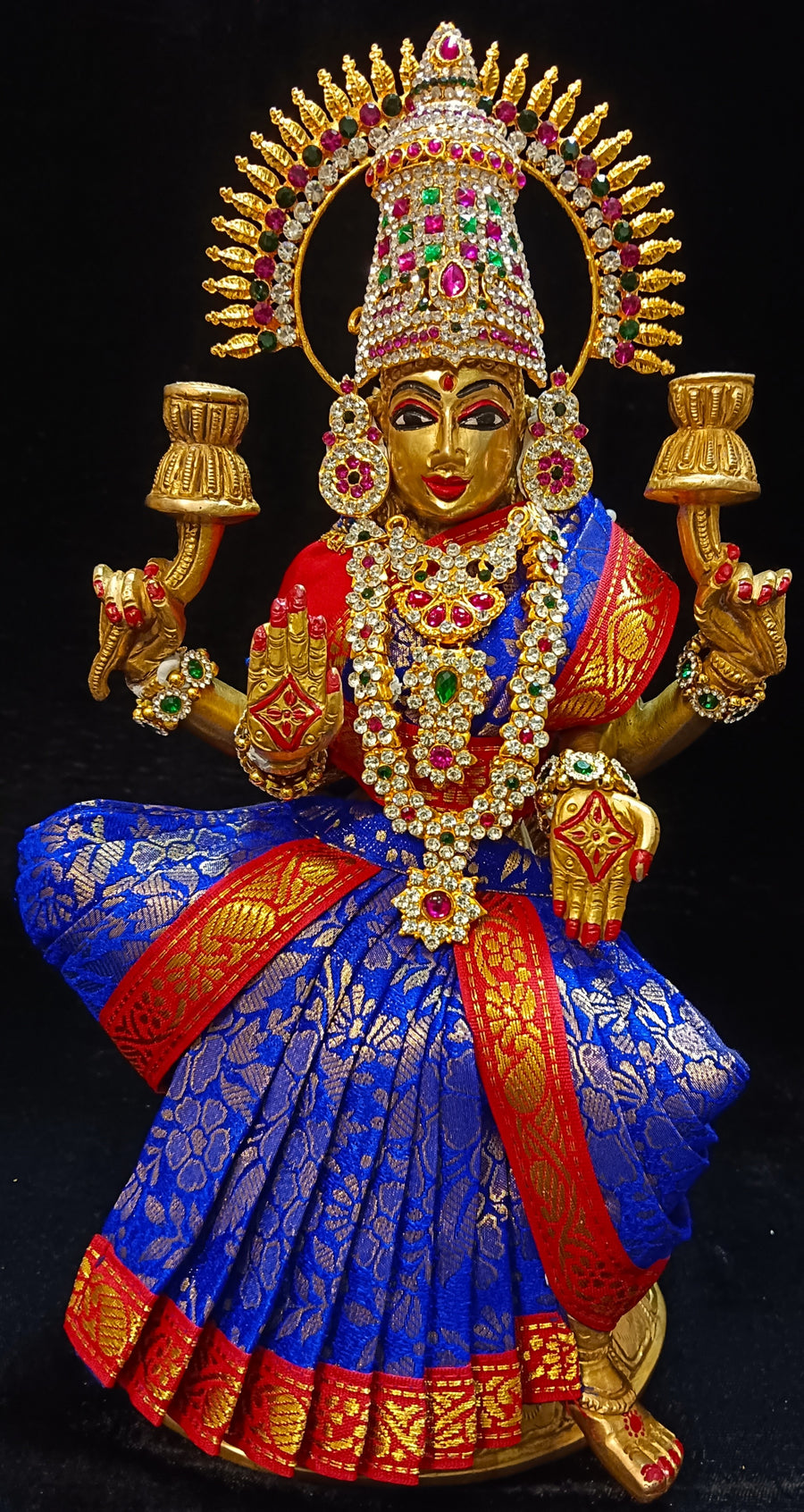 Pre-Stitched Pure Silk Banarasi Devi Saree Dress - Royal Blue saree with Red border & Red Blouse