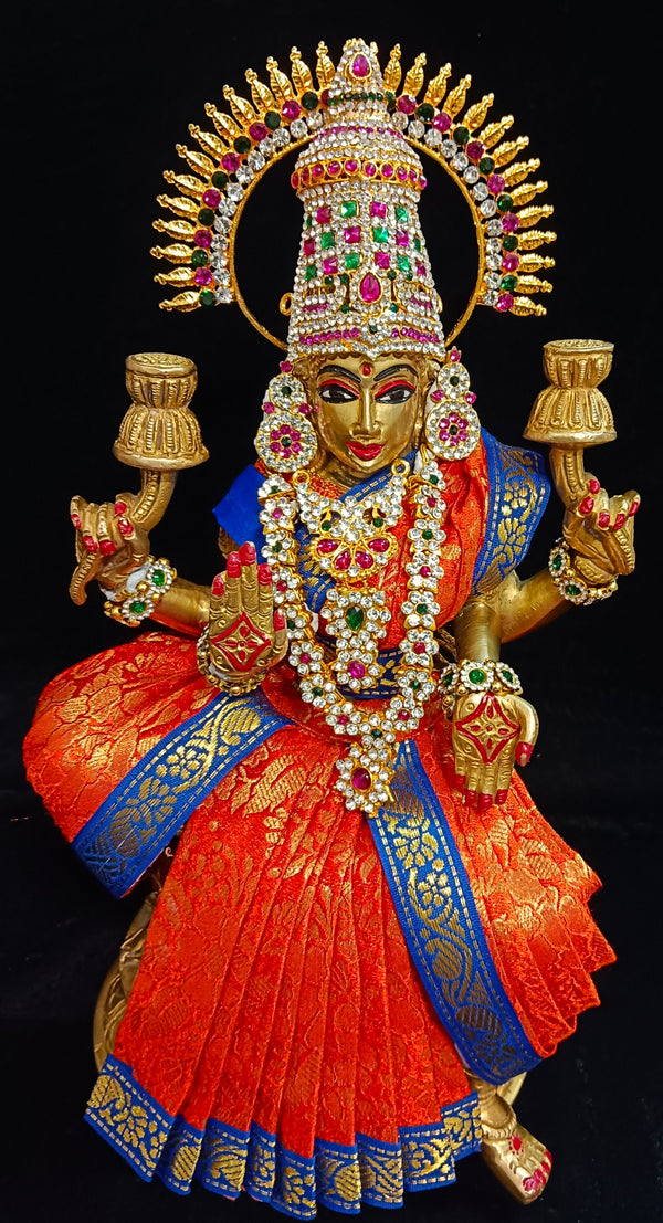 Pre-Stitched Pure Silk Banarasi Devi Saree Dress - Orange saree with Blue border & Blue Blouse