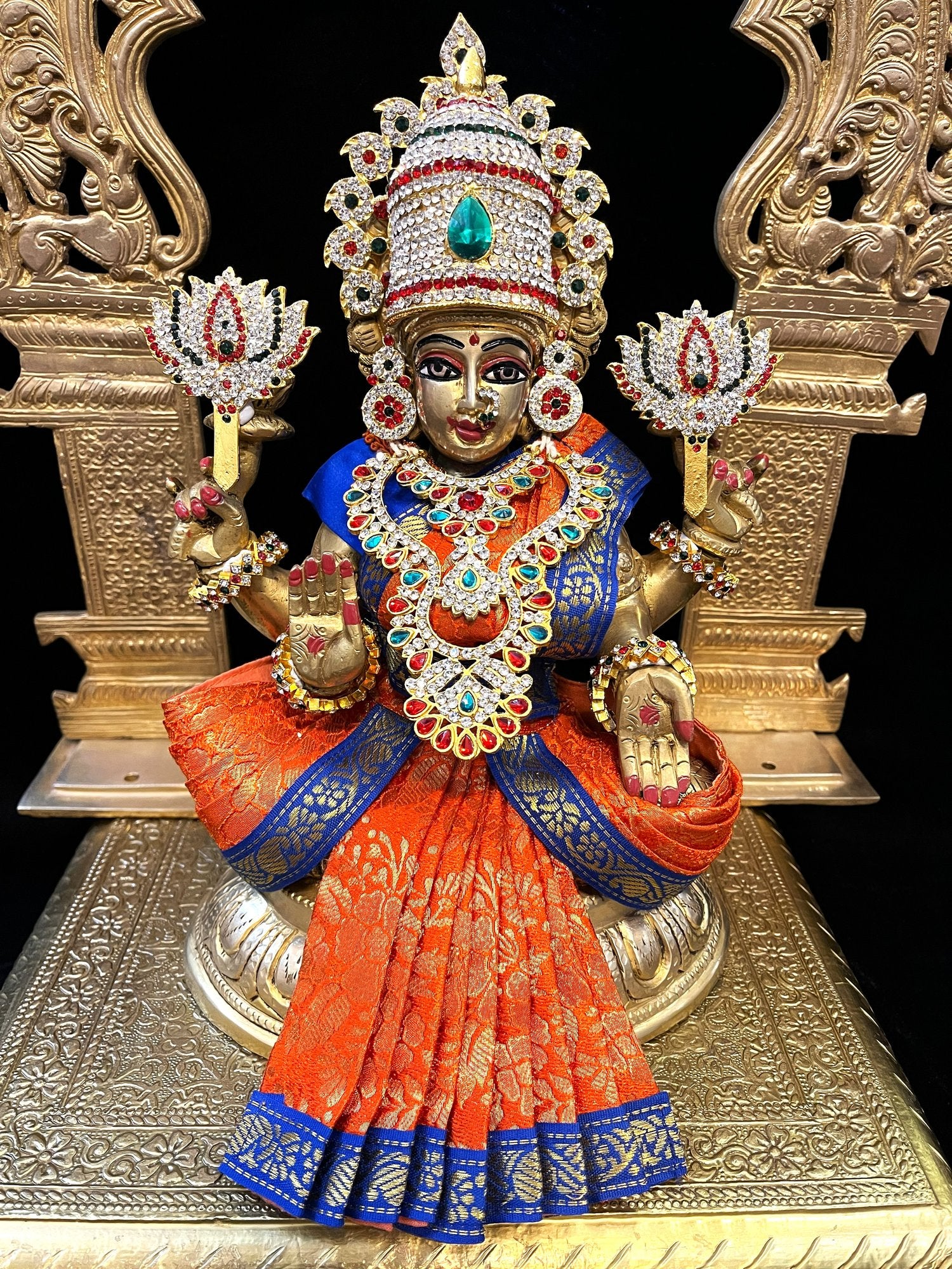 Pre-Stitched Brocade Semi Silk Devi Saree Dress - Orange saree with Blue border & Blue Blouse 6