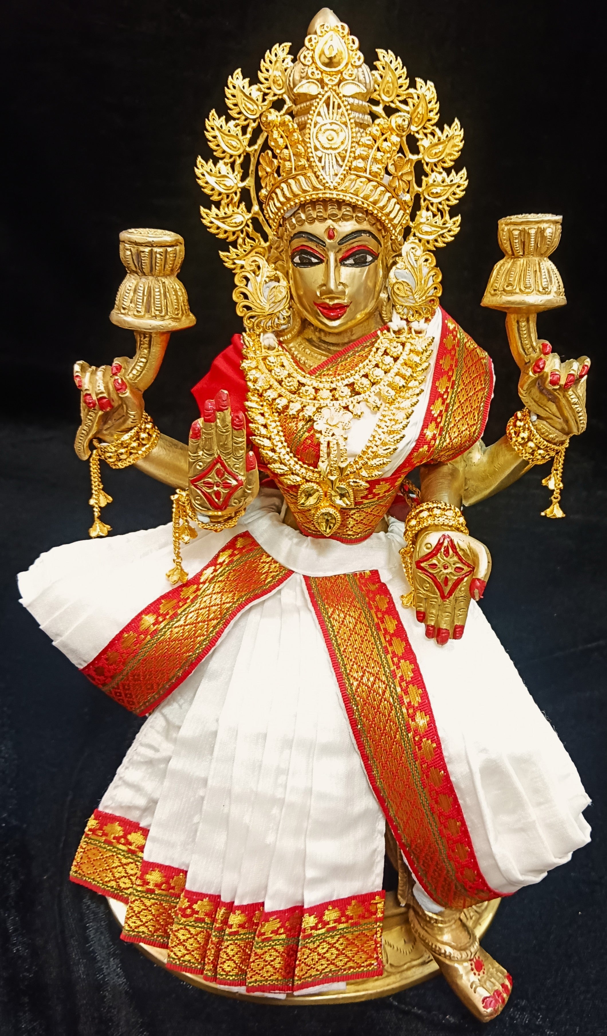 Pre-Stitched Plain Semi Silk Devi Saree Dress - White saree with Red border & Red Blouse