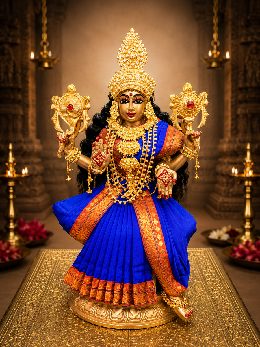 Pre-Stitched Plain Semi Silk Devi Saree Dress - Royal Blue saree with Orange border & Orange Blouse