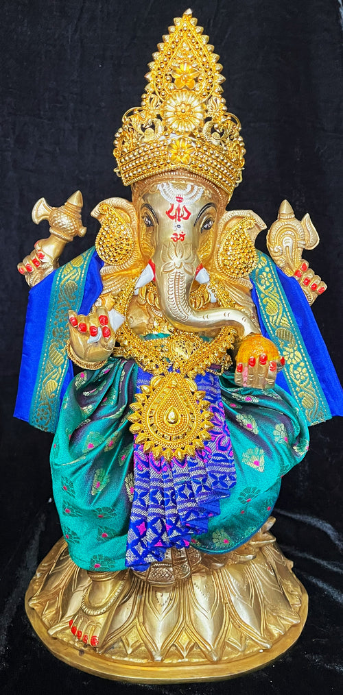 Deity dhoti and patka shalya / Uparna vastra made of Brocade Silk (Pure Silk) - Peacock Green Saree with Royal Blue pleats and shalya