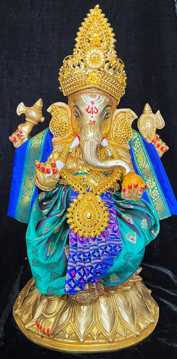 Deity dhoti and patka shalya / Uparna vastra made of Brocade Silk (Pure Silk) - Peacock Green Saree with Royal Blue pleats and shalya