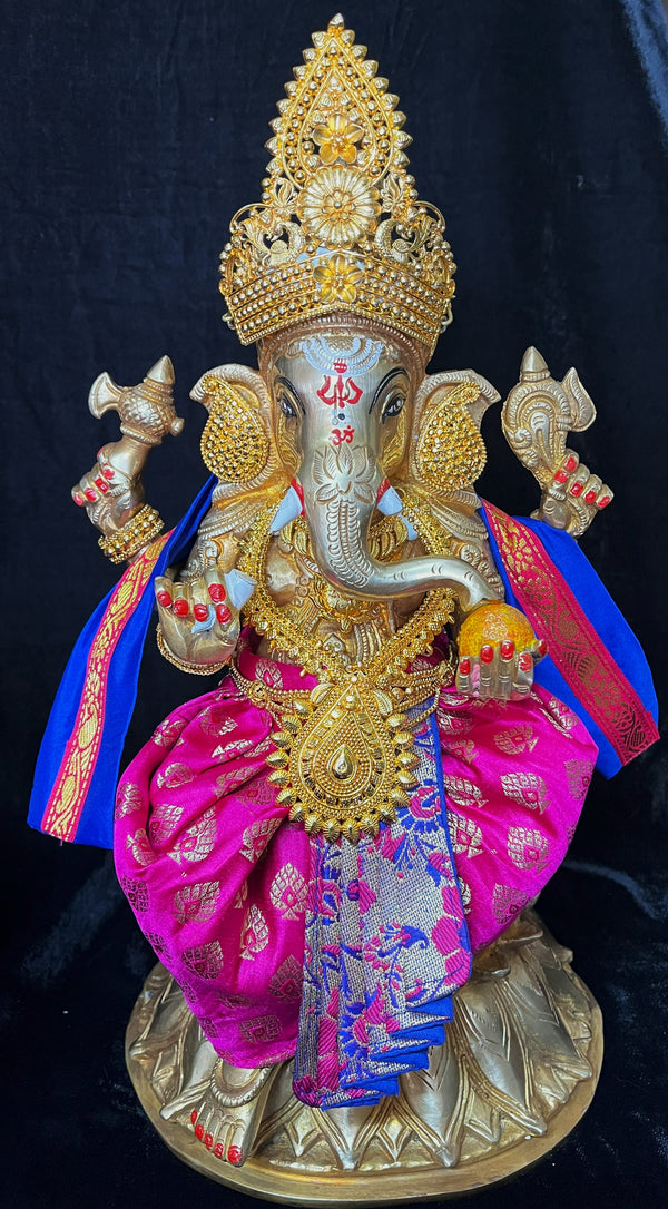 Deity dhoti and patka shalya / Uparna vastra made of Brocade Silk (Pure Silk) - Rani Pink Saree with  gold in Royal Blue pleats and shalya