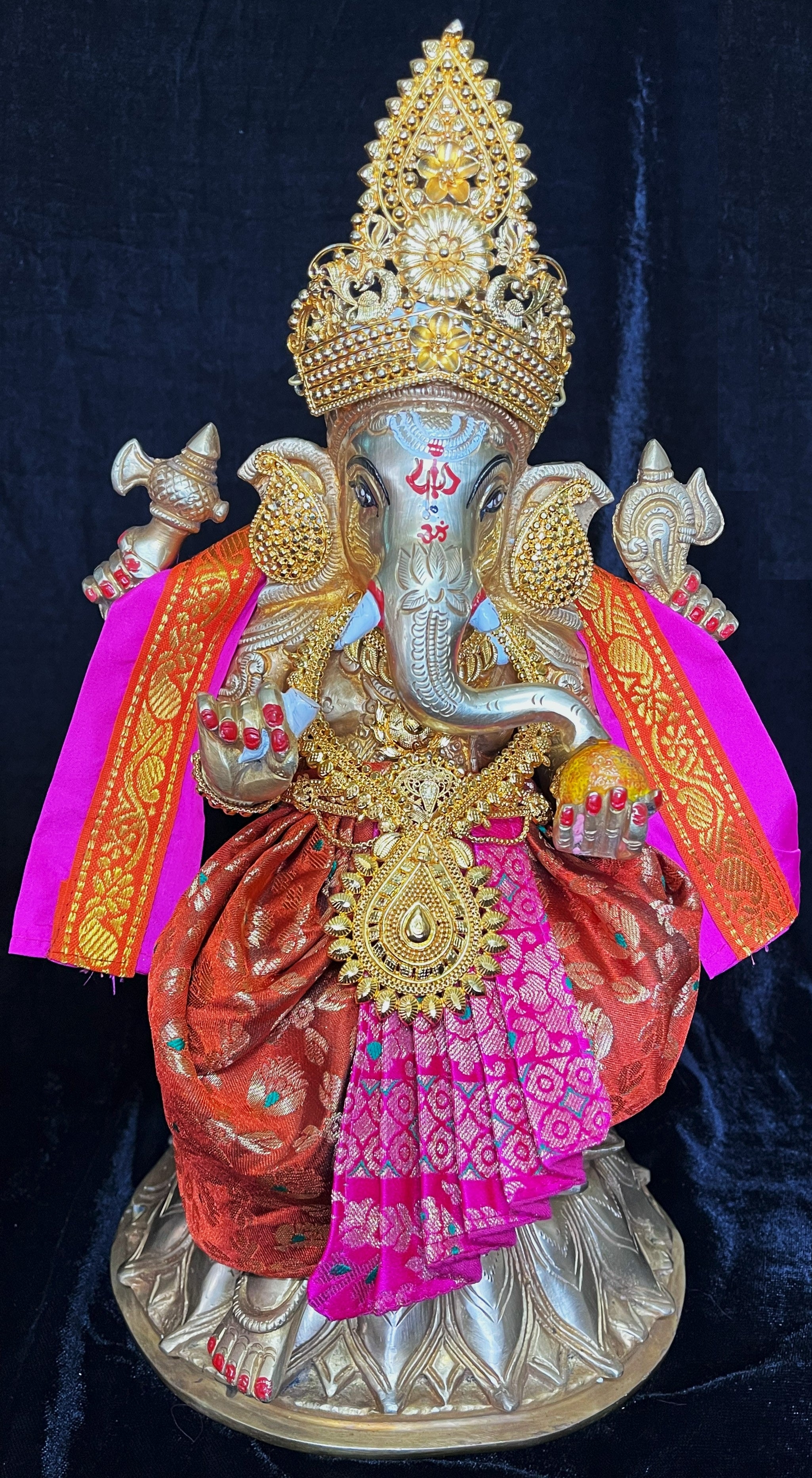 Deity dhoti and patka shalya / Uparna vastra made of Brocade Silk (Pure Silk) - Brick Red Saree with Hot Pink pleats and shalya 1