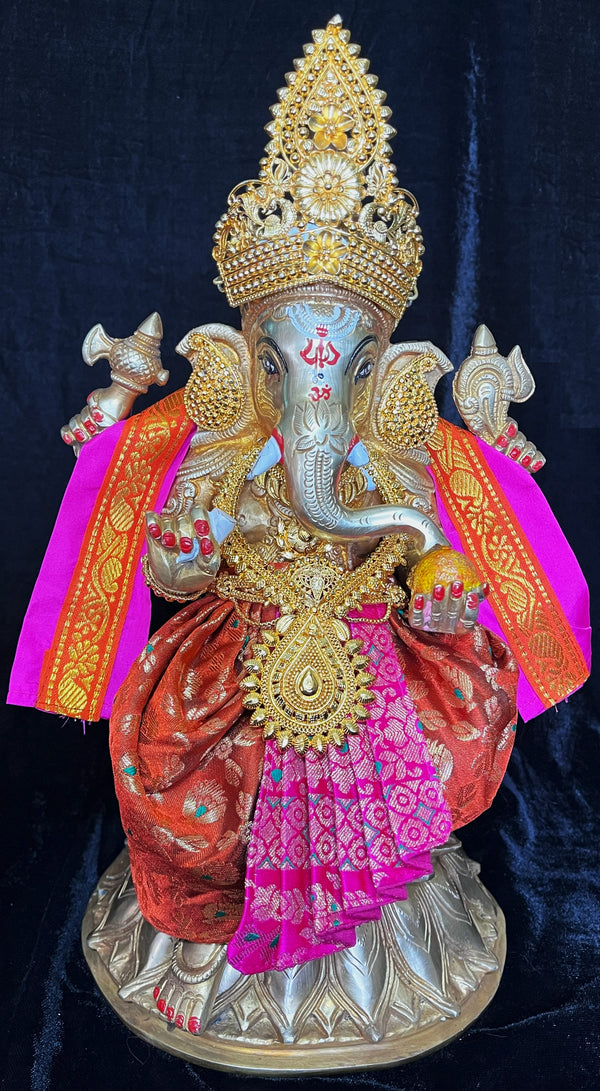 Deity dhoti and patka shalya / Uparna vastra made of Brocade Silk (Pure Silk) - Brick Red Saree with Hot Pink pleats and shalya