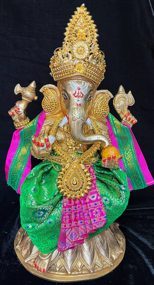 Deity dhoti and patka shalya / Uparna vastra made of Brocade Silk (Pure Silk) - Green Saree with Pink pleats and shalya