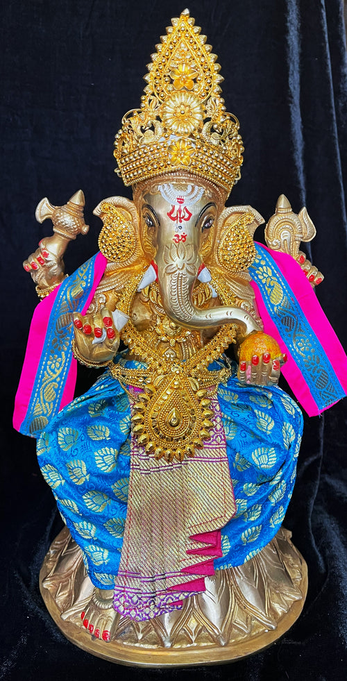 Deity dhoti and patka shalya / Uparna vastra made of Brocade Silk (Pure Silk) - Sky Blue Saree with gold and Purple pleats and Hot Pink shalya