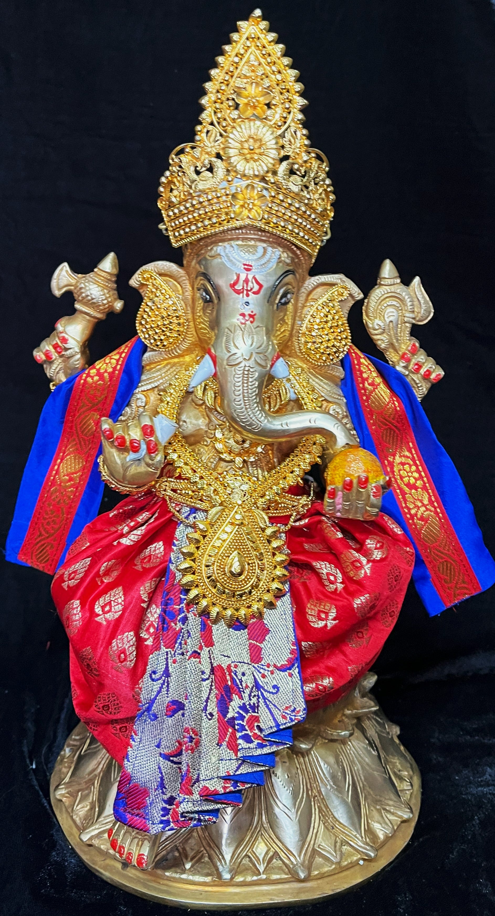 Deity dhoti and patka shalya / Uparna vastra made of Brocade Silk (Pure Silk) - Red Saree with Gold pleats and Royal Blue shalya 1