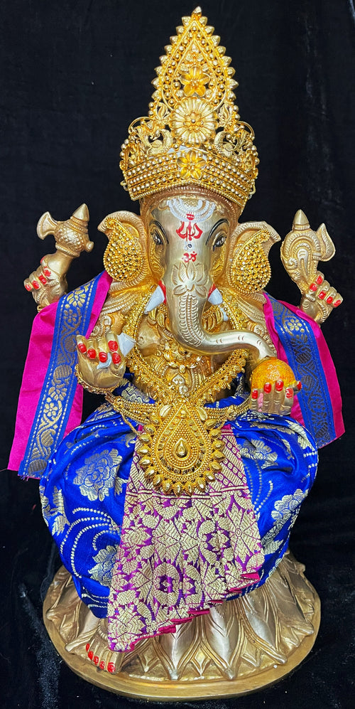 Deity dhoti and patka shalya / Uparna vastra made of Brocade Silk (Pure Silk) - Royal Blue Saree with Purple with Gold pleats and Pink shalya