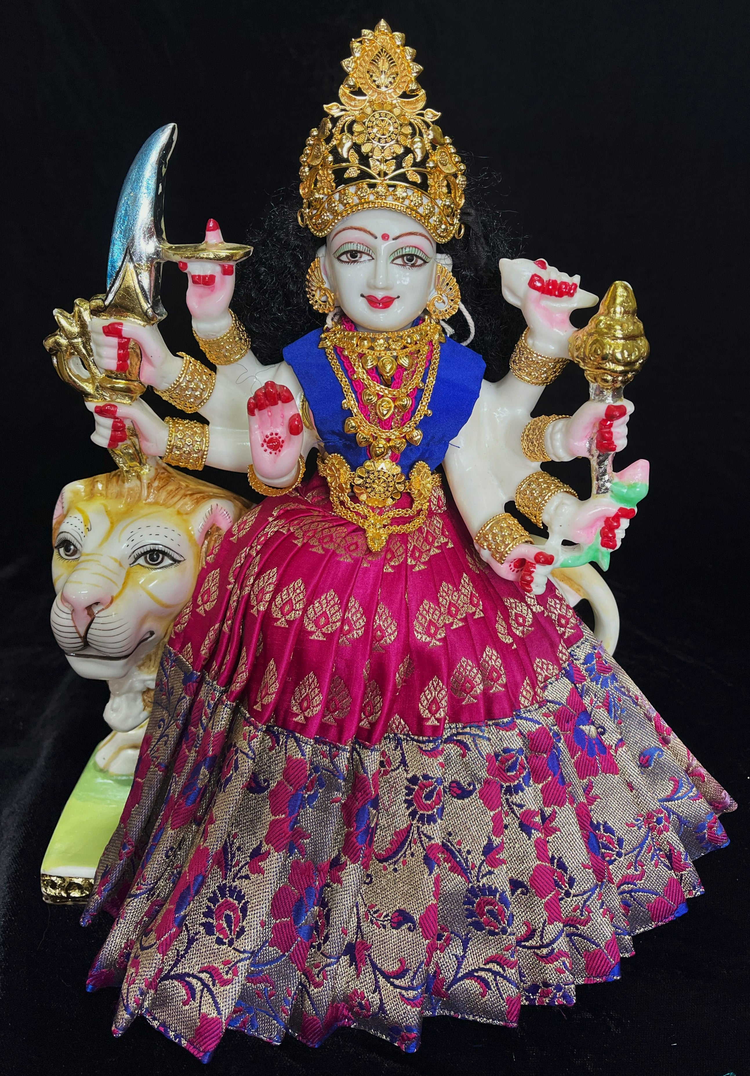 Deity saree / lehenga patka made of Brocade Silk (Pure Silk) - Rani Pink Saree with running  gold in Royal Blue border and  blouse 1