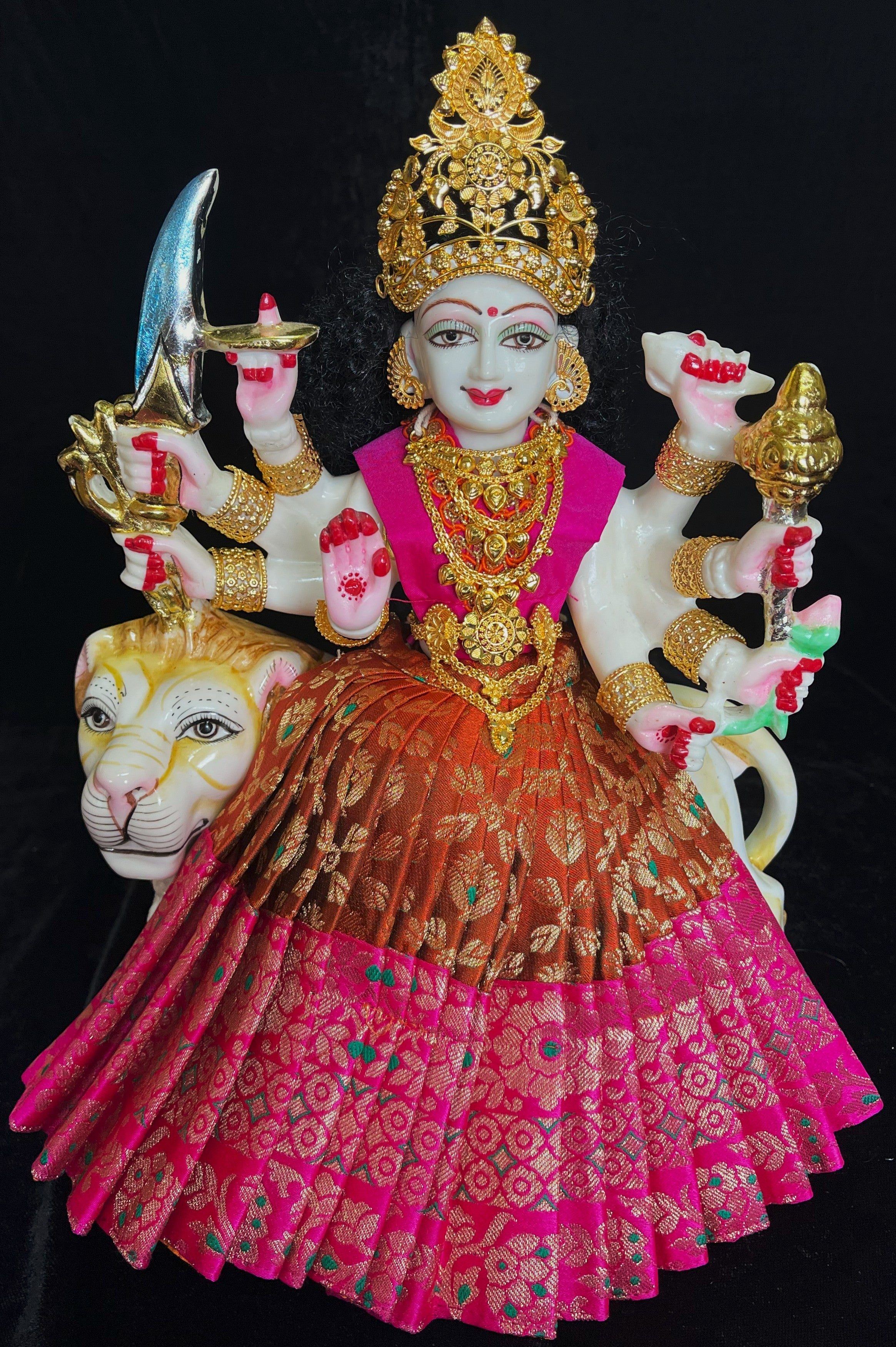 Deity saree / lehenga patka made of Brocade Silk (Pure Silk) - Brick Red Saree with running Hot Pink border and blouse 2