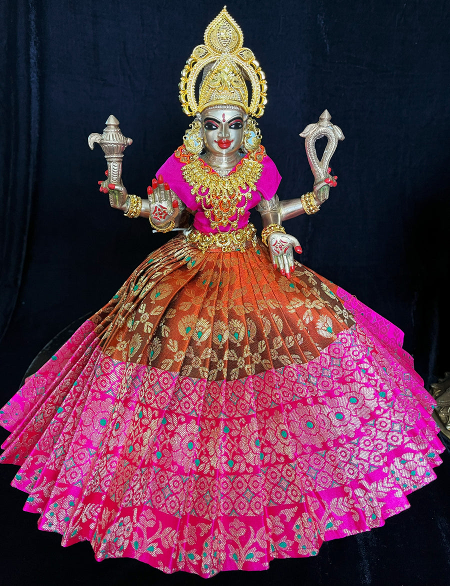 Deity saree / lehenga patka made of Brocade Silk (Pure Silk) - Brick Red Saree with running Hot Pink border and blouse