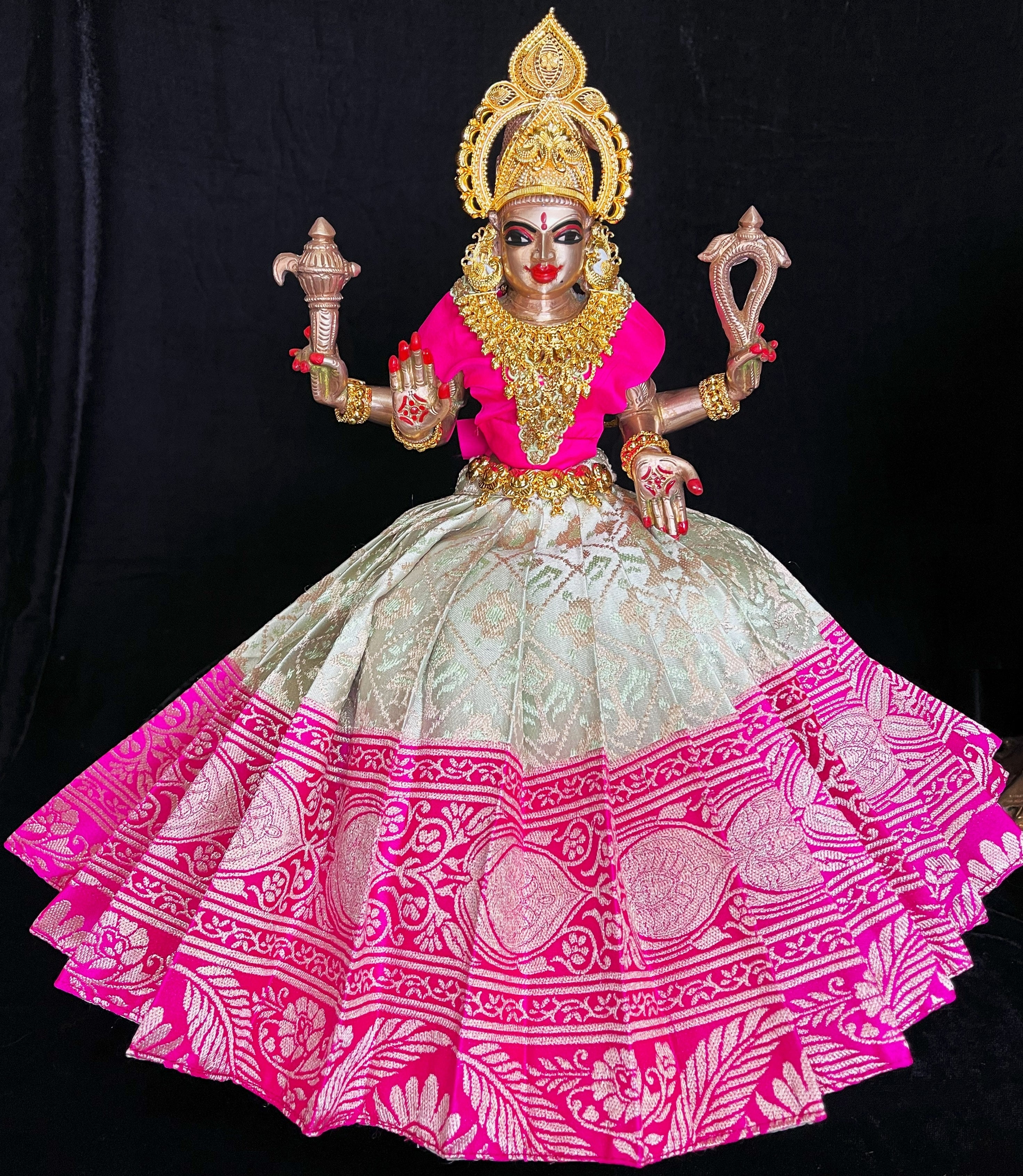 Deity saree / lehenga patka made of Brocade Silk (Pure Silk) - Off white Saree with running Pink border and blouse 1