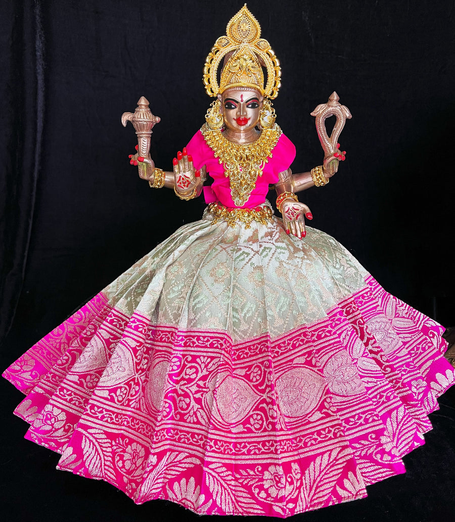 Deity saree / lehenga patka made of Brocade Silk (Pure Silk) - Off white Saree with running Pink border and blouse