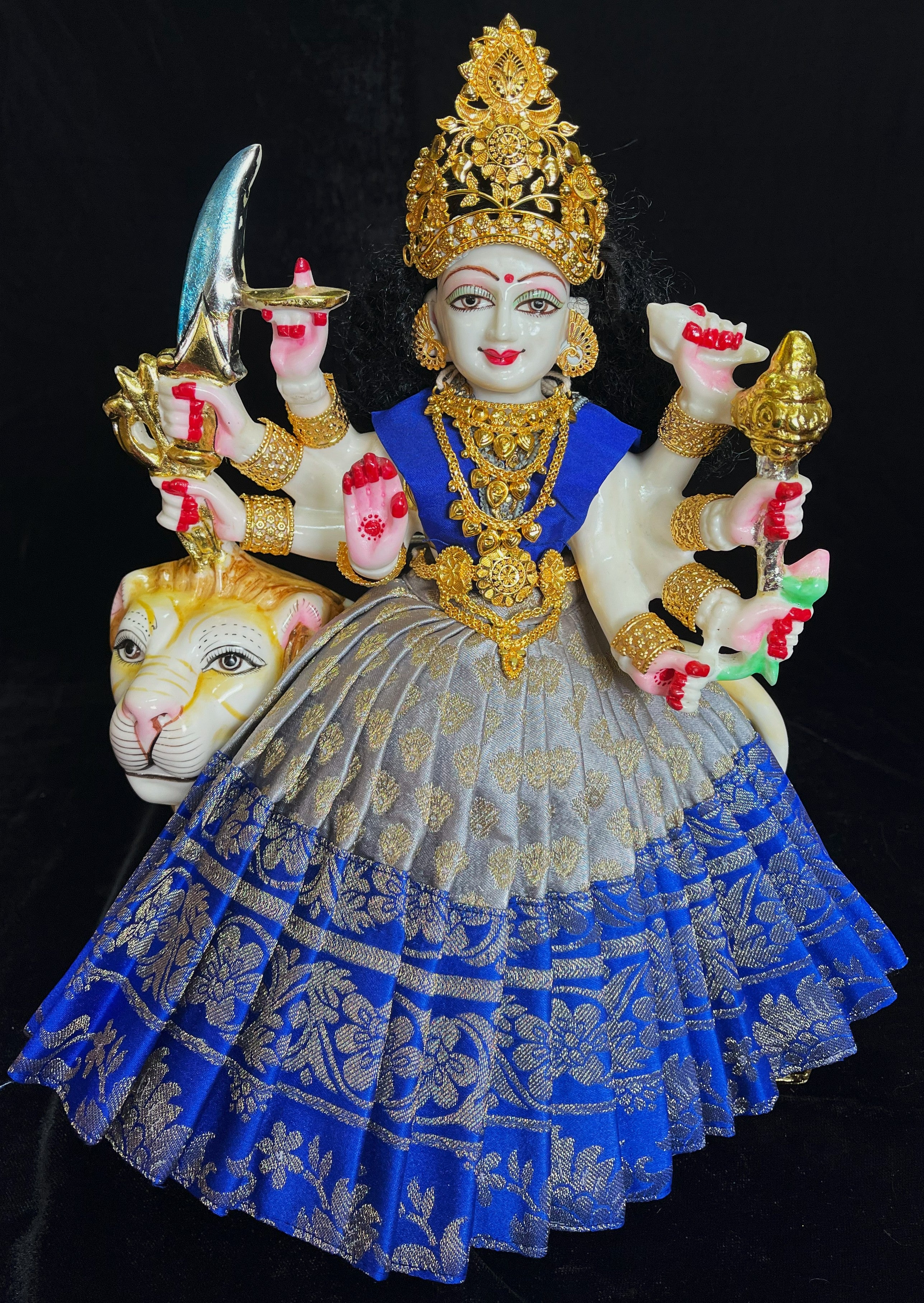 Deity saree / lehenga patka made of Brocade Silk (Pure Silk) - Grey Saree with running Royal Blue border and blouse 2