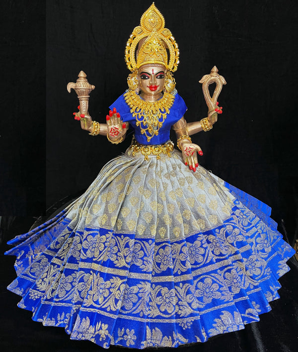Deity saree / lehenga patka made of Brocade Silk (Pure Silk) - Grey Saree with running Royal Blue border and blouse