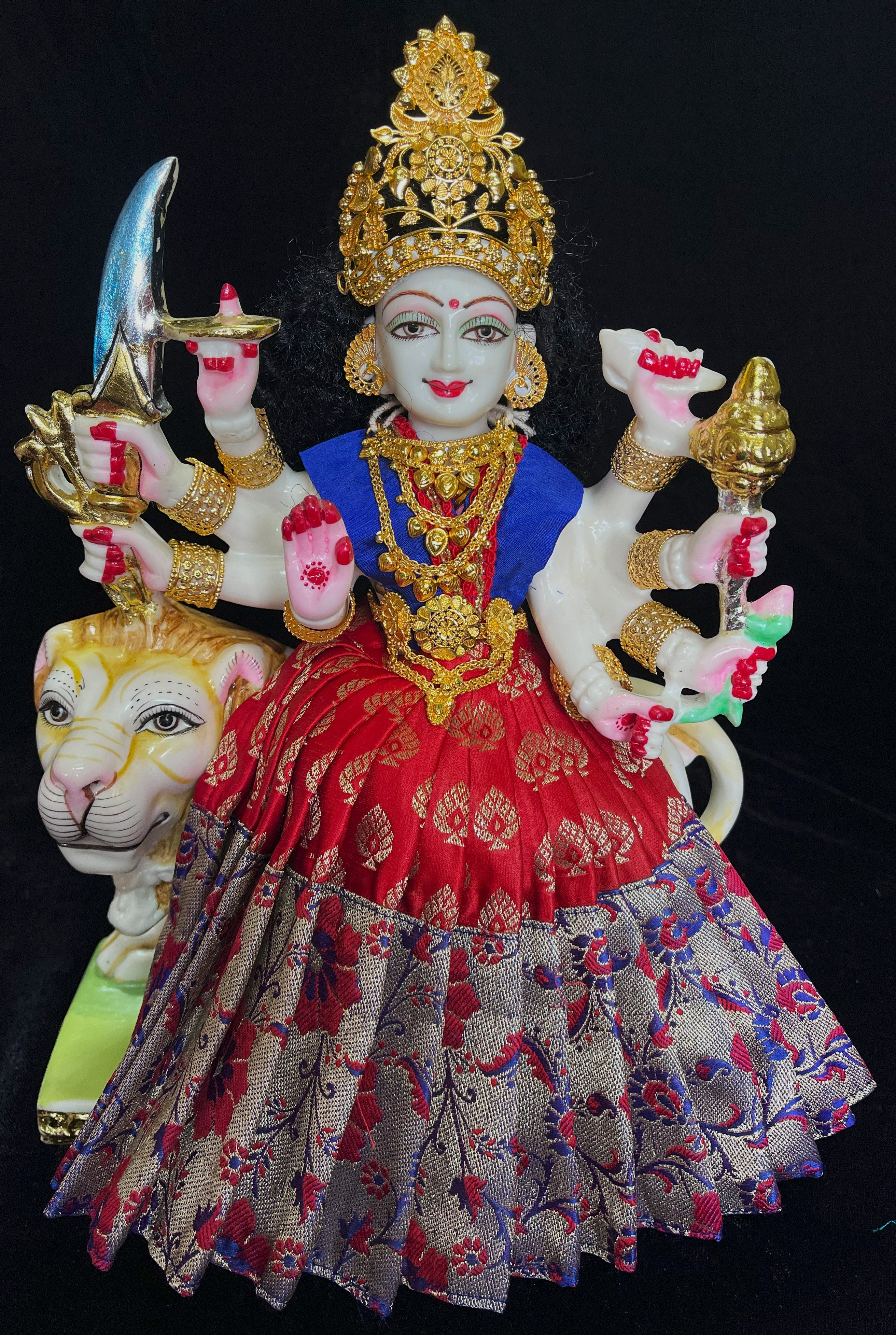 Deity saree / lehenga patka made of Brocade Silk (Pure Silk) - Red Saree with running Gold border and Royal Blue blouse 1