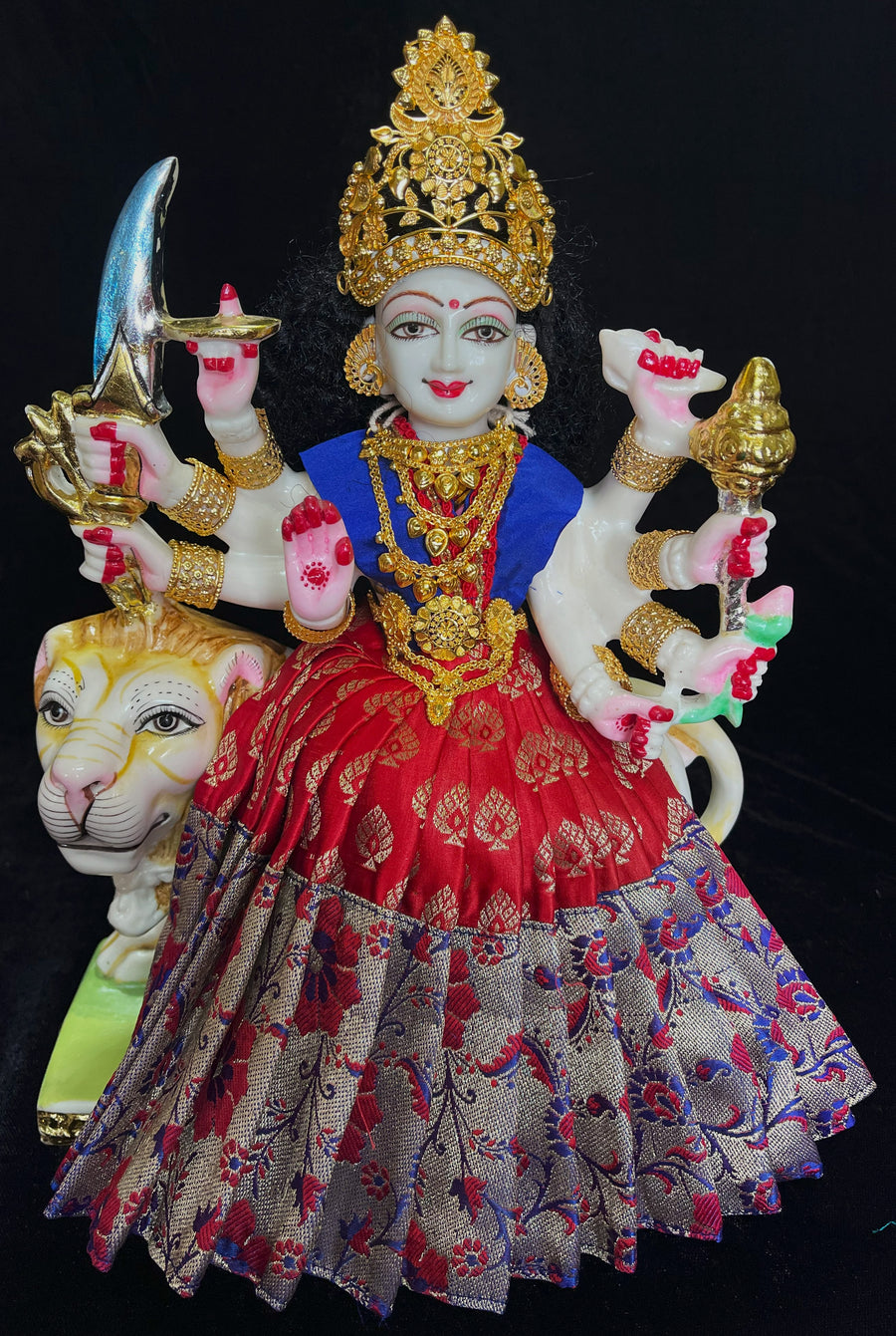 Deity saree / lehenga patka made of Brocade Silk (Pure Silk) - Red Saree with running Gold border and Royal Blue blouse
